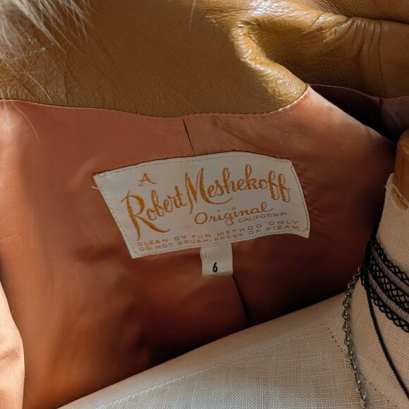 Vintage Mustard Leather Penny Lane Jacket Groovy Fur Trim 70s Trench Coat Medium - Picture 10 of 10